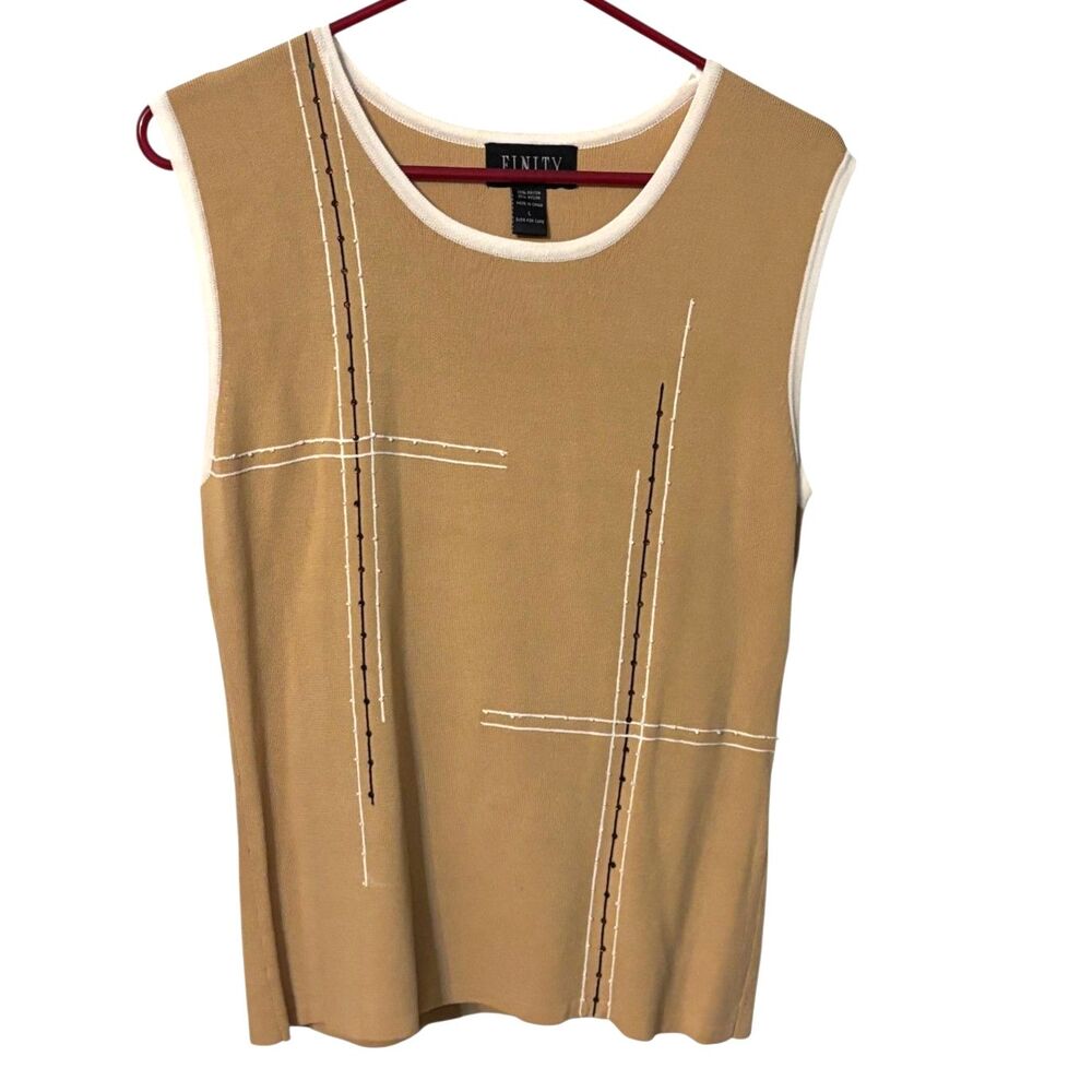 Y2K Finity Sleeveless Knit Shell Top Large Tan Beaded Accent Career